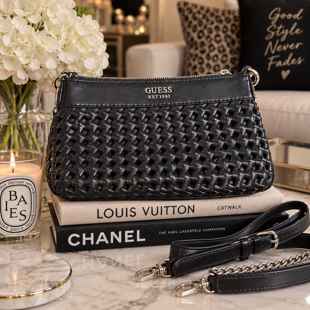 GUESS Sicilia Black Woven Shoulder Crossbody Bag Gold Chain Convertible Strap